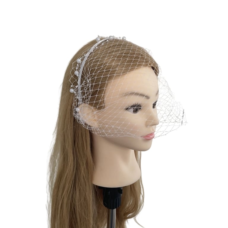 White Satin Headband with Birdcage Veil Bridal Headpiece One Size Handmade Bride