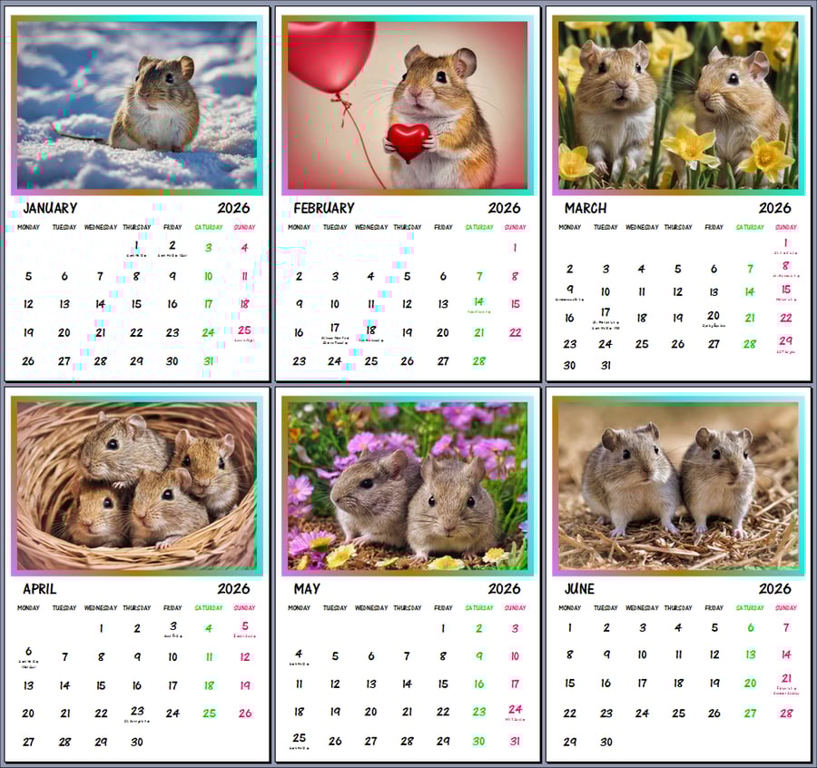 2026 A4 Calendar Gerbils Rodents Cute Pet 
