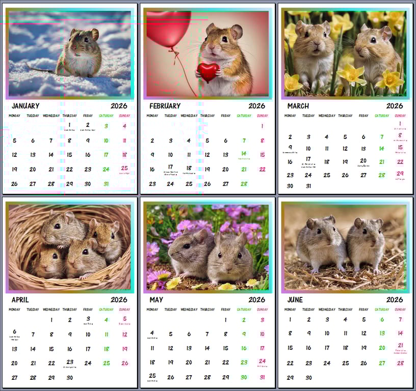 2026 A4 Calendar Gerbils Rodents Cute Pet 