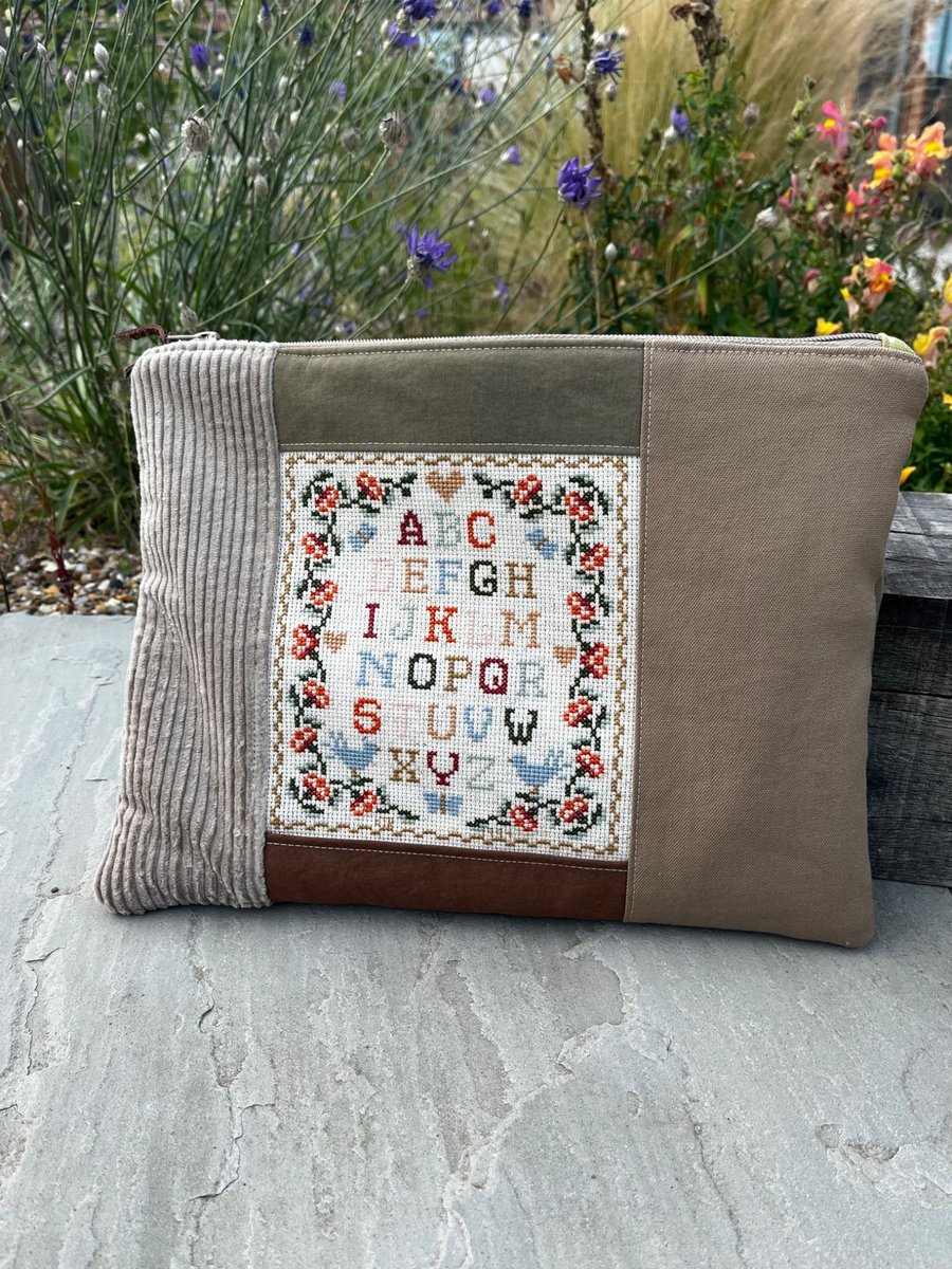 Repurposed needlepoint sampler large soft zip pouch