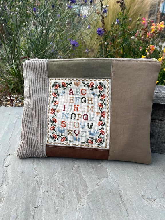 Repurposed needlepoint sampler large soft zip pouch