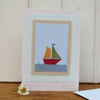 Little Sailboat hand-stitched mini textile on card, detailed, hand-dyed fabrics