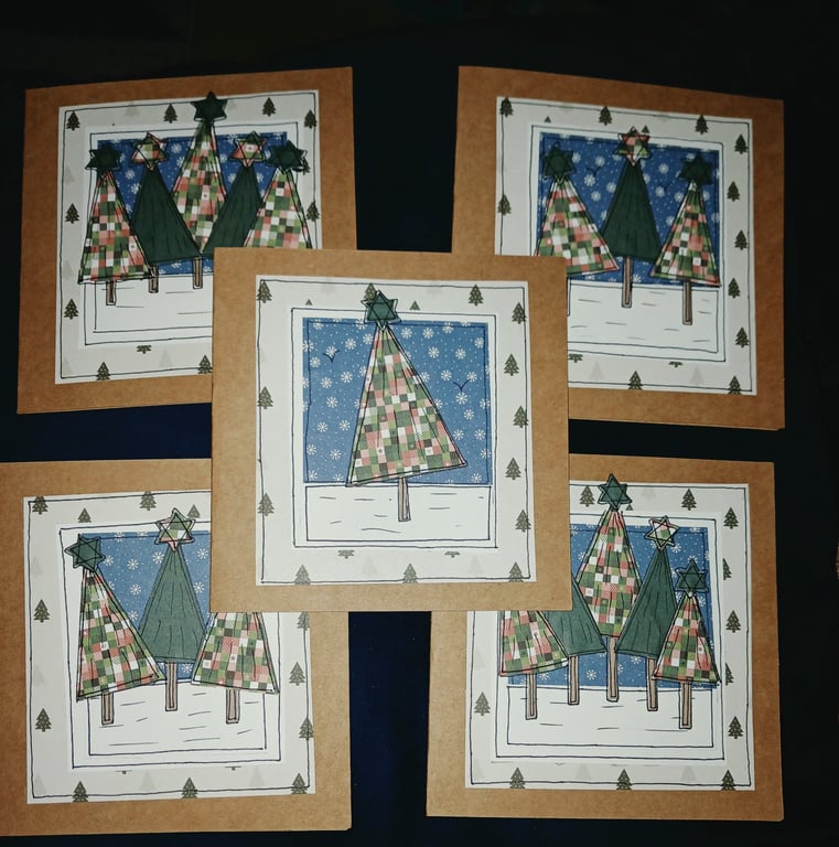 Quirky art set of 5 beautiful handmade Christmas cute quirky tree cards 