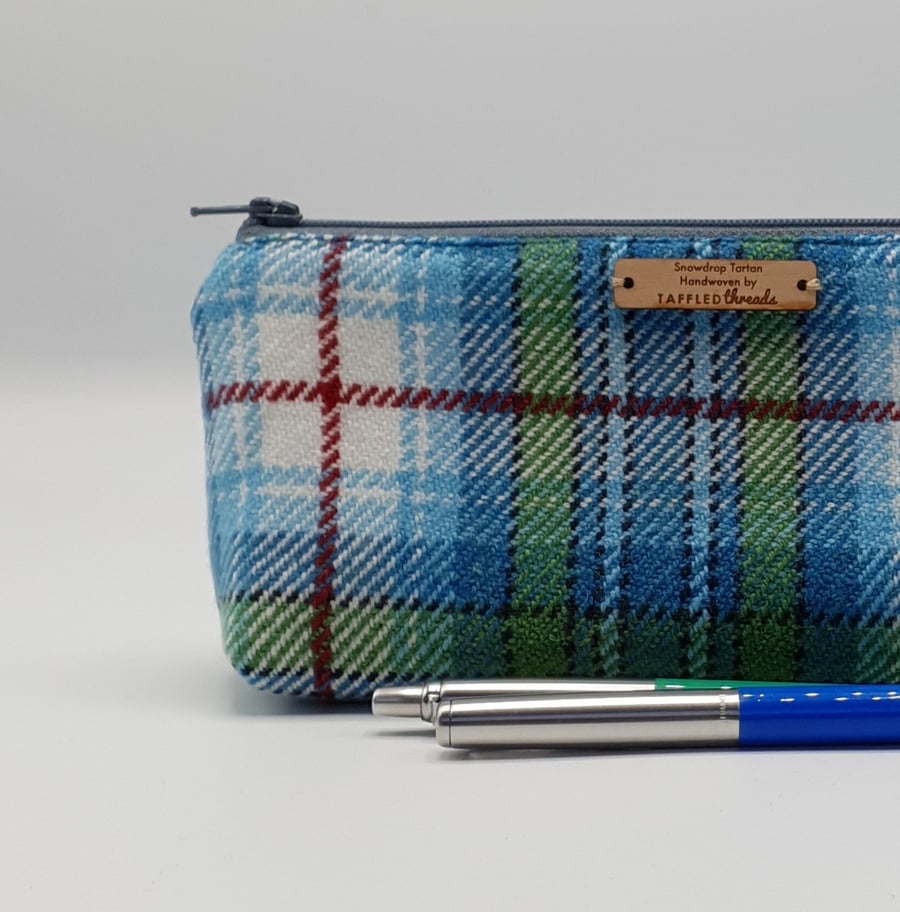 Snowdrop Tartan Handwoven pencil case, brush case,  cosmetic bag 