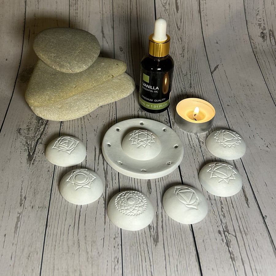 Clay Chakra Diffuser Dish & Intention Stones – Echoes of Essence 