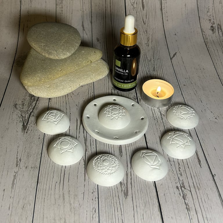 Clay Chakra Diffuser Dish & Intention Stones – Echoes of Essence 