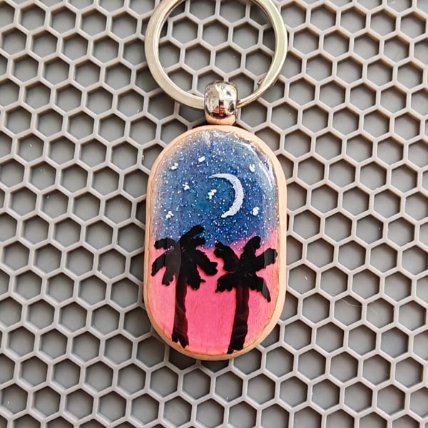 Palm Sunset Resin Keychain: Handmade Night Sky Charm