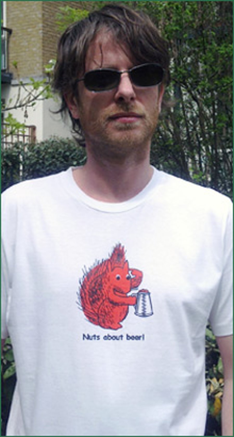 Mens White XL T Shirt, with Squirrel illustration nuts about beer  