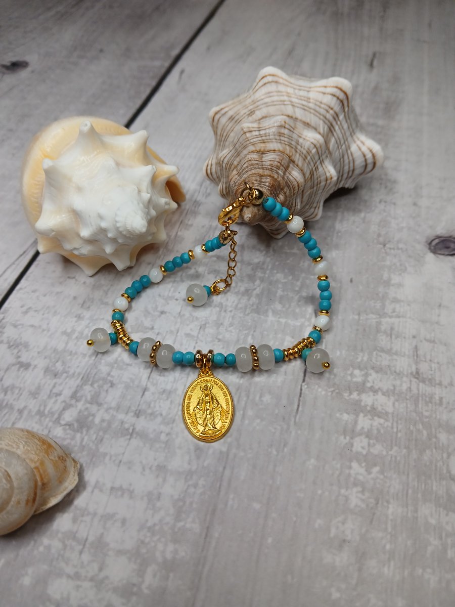 Turquoise and shell charm bracelet- natural Folksy
