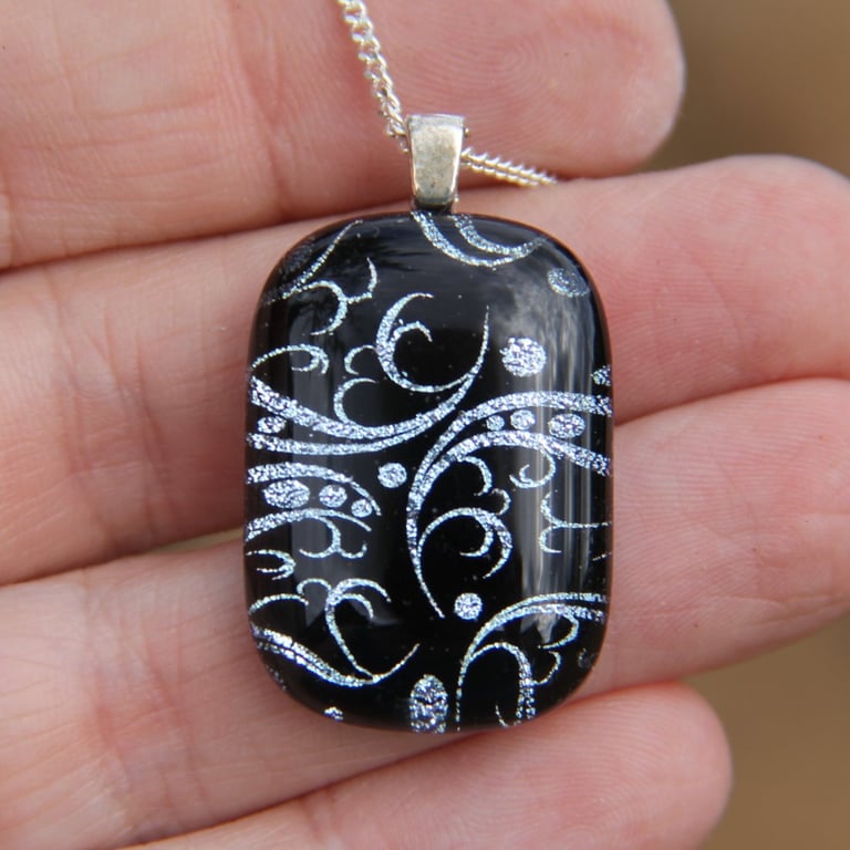 Handmade Silver sweet pea dichroic glass pendant, fused glass necklace SKU F19