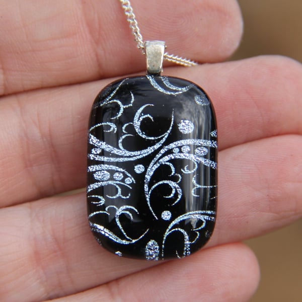 Handmade Silver sweet pea dichroic glass pendant, fused glass necklace SKU F19