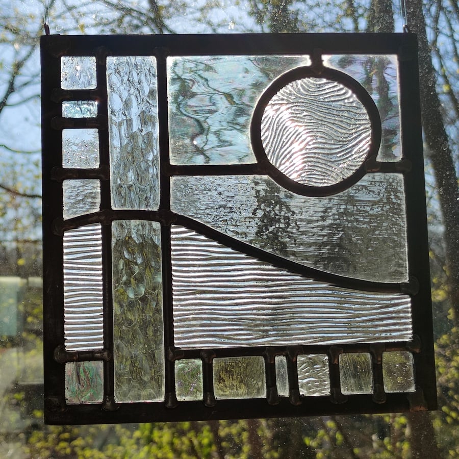 SOLD Abstract clear textured landscape, stained glass leaded panel.