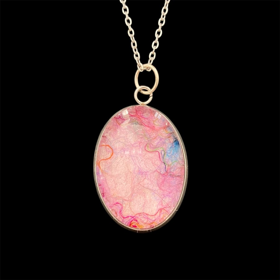 Pale pink felted wool & silk abstract pendant - set in tray with cabochon
