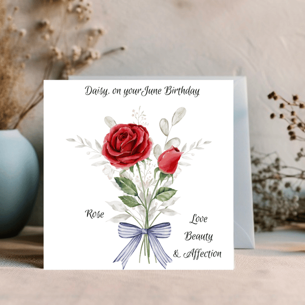 June Birthday Card, Personalised, Birth Flower Birthday Card, Rose