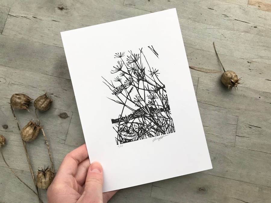 Feather: Original, hand printed lino cut print by Suffolk artist Beth Knight