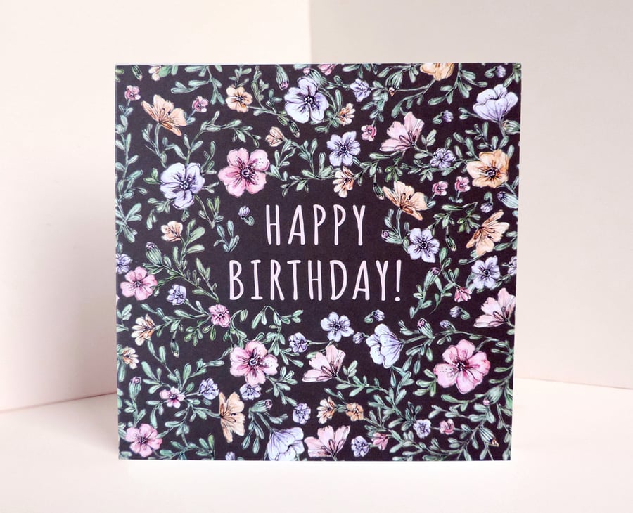 Dark Botanical Floral Birthday Greetings Card