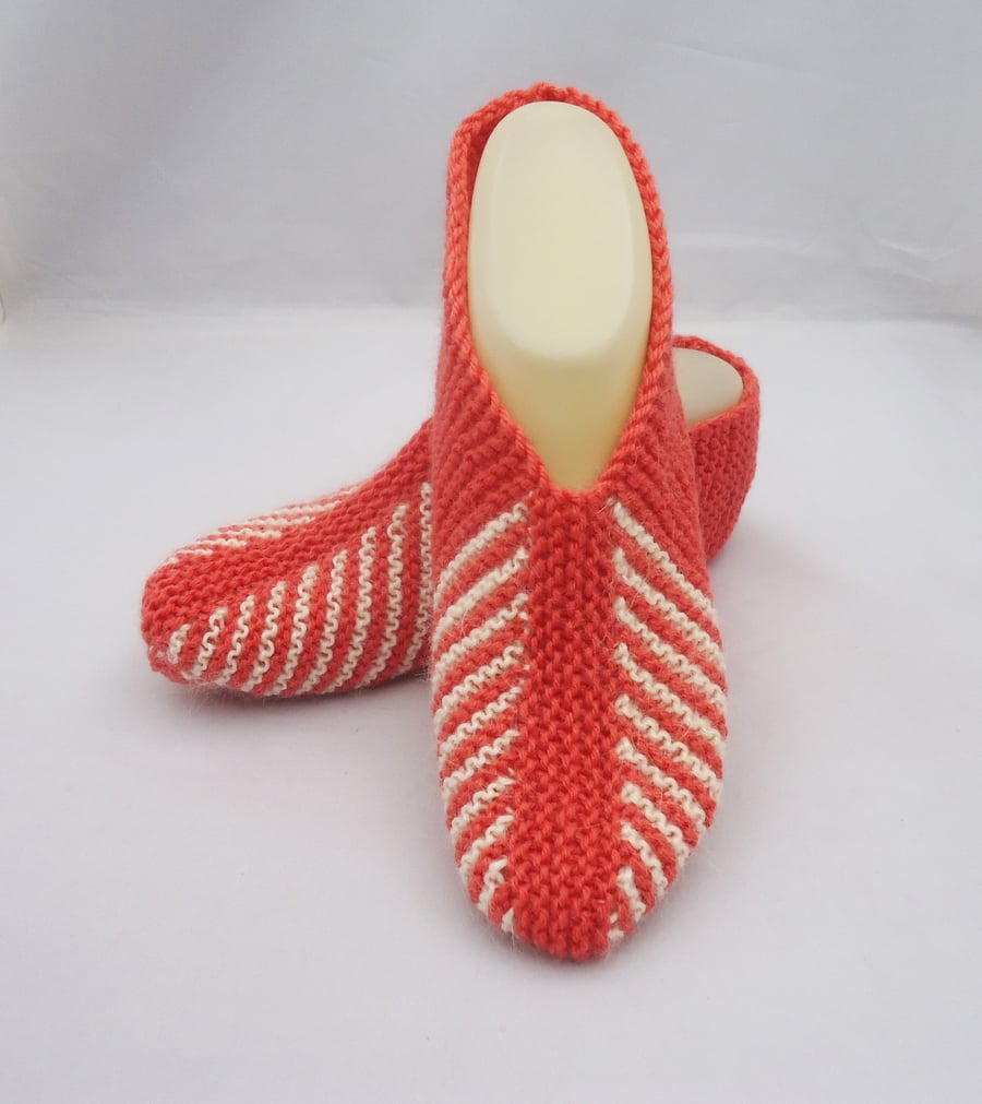 Hand Knit Women Slippers, Indoor Slippers, Orange Slippers, Home Socks