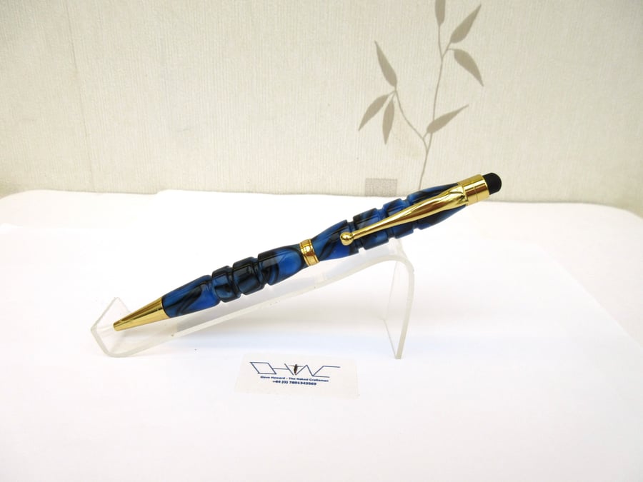 Blue Multi Coloured Acrylic Ball Point Stylus Pen with Velvet Pouch. Hand Made
