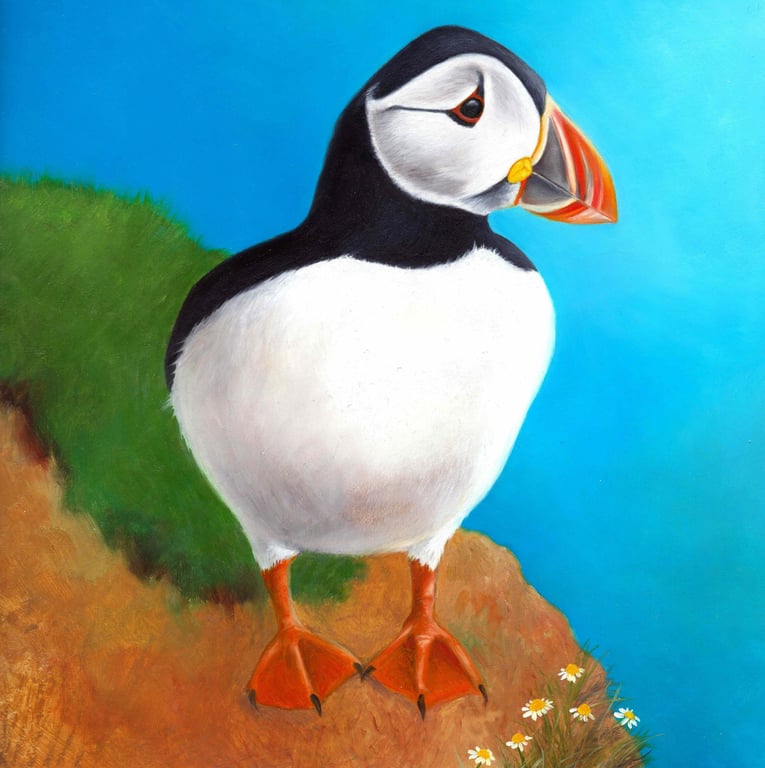Puffin Gifts Original Framed Oil Pastel Painting 