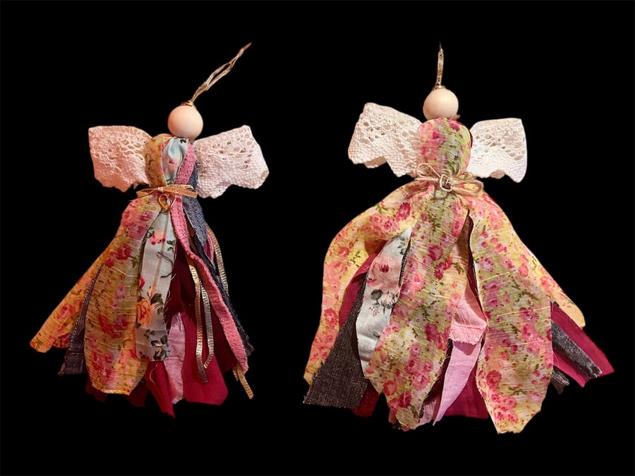 Set of 2 Upcycled Scrap Fabric Angels – Boho Style Hanging Decorations – Reclaim
