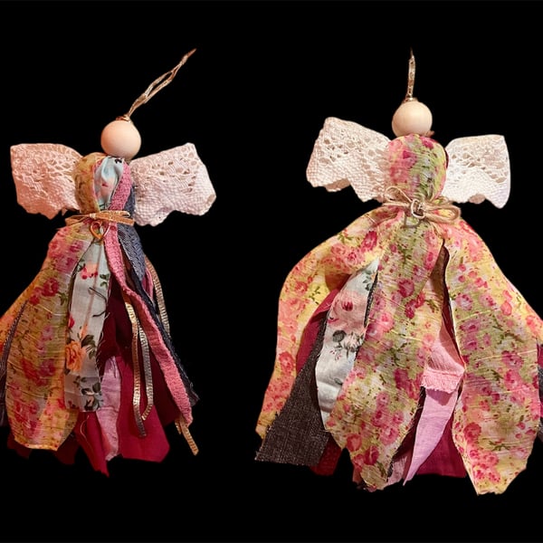 Set of 2 Upcycled Scrap Fabric Angels – Boho Style Hanging Decorations – Reclaim