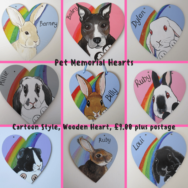 Pet Memorial Heart Personalised Painted Wooden Heart Rainbow Cat Dog Rabbit etc