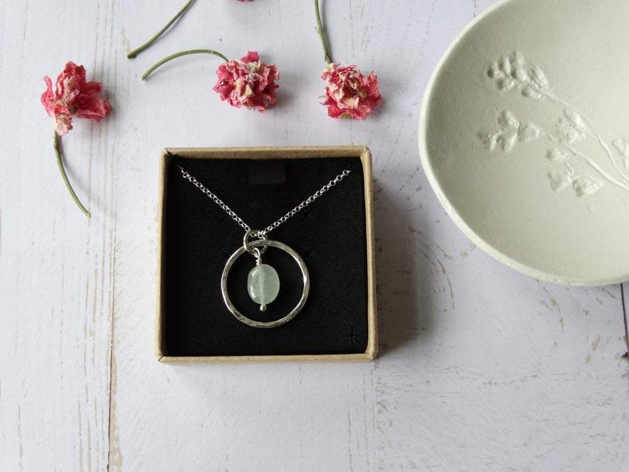 Silver hoop pendant with aquamarine gemstone pebble - recycled silver