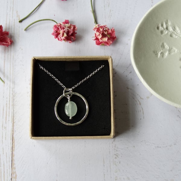 Hoop pendant recycled silver with aquamarine gemstone pebble