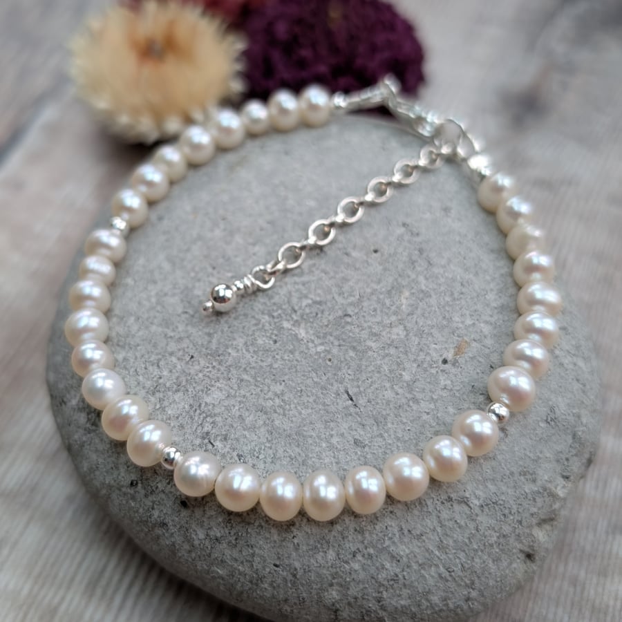 White Freshwater Pearl and Sterling Silver Bead Bracelet - JBJ10006