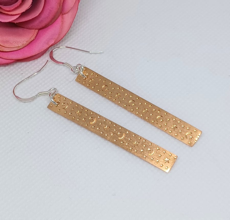 Copper Moon and Star Embossed Bar Earrings