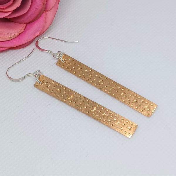 Copper Moon and Star Embossed Bar Earrings