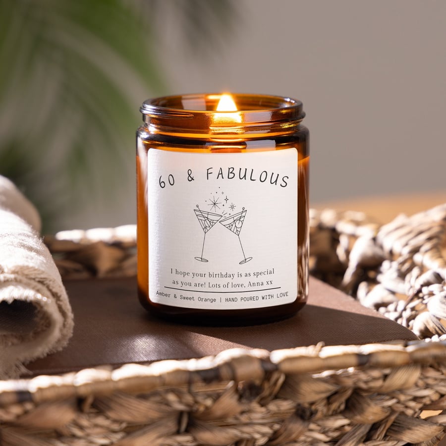 60th Birthday Gifts, 60 & Fabulous Personalised Soy Wax Candle Custom Gift
