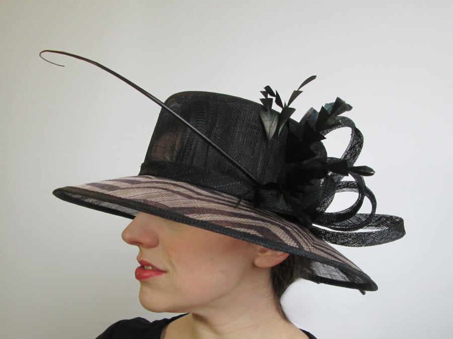 Black Ladies Hat - Zebra Print Occasion Hat, Wedding Hat, Womens Sinamay Hat