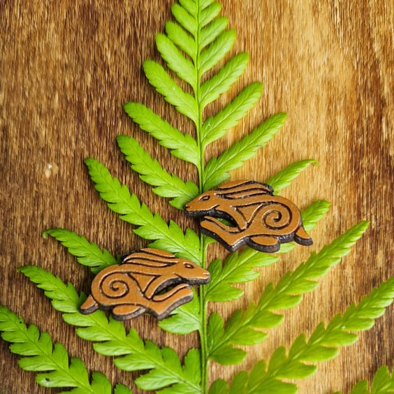Celtic Running Hare Wooden Stud Earrings 