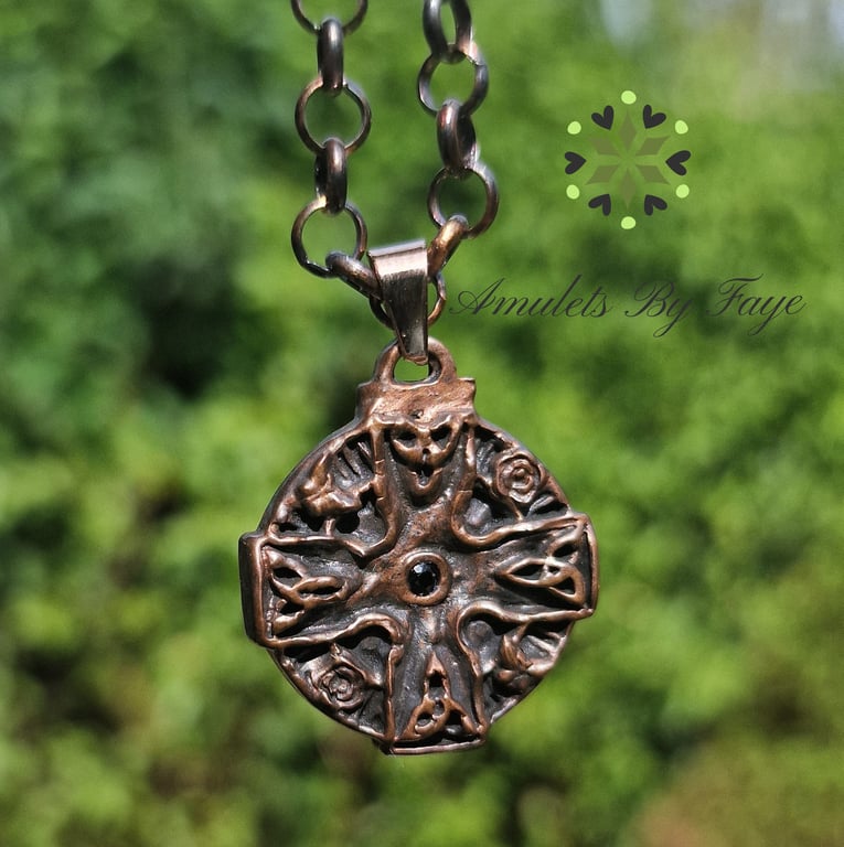 Copper Celtic Cross Triquetra Flowers Butterfly Pendant Black Spinel Necklace.