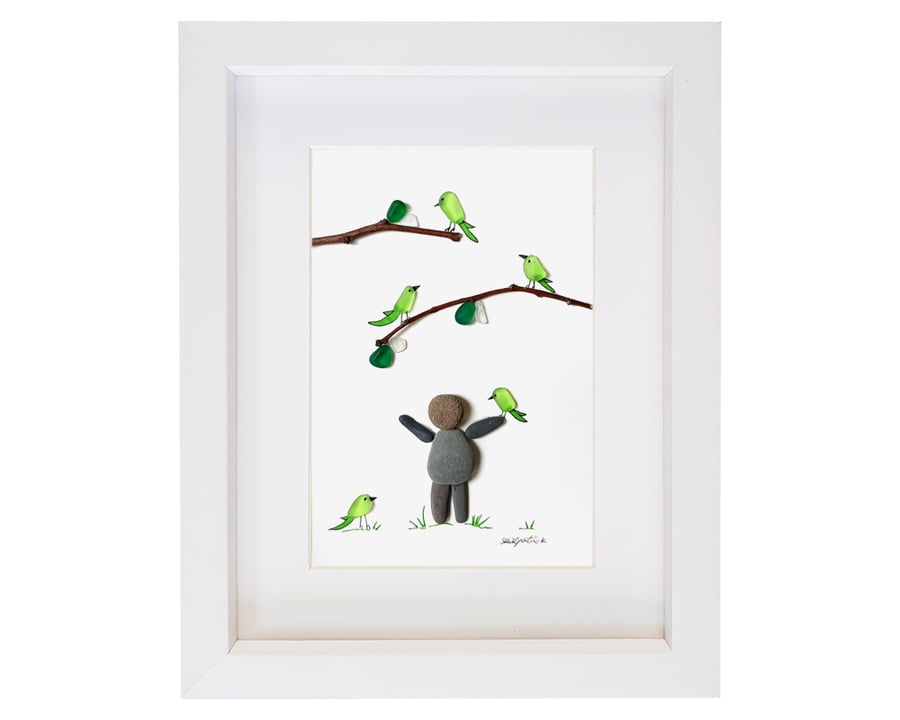 Green Parakeets - Sea Glass & Pebble Picture - Framed Unique Handmade Art