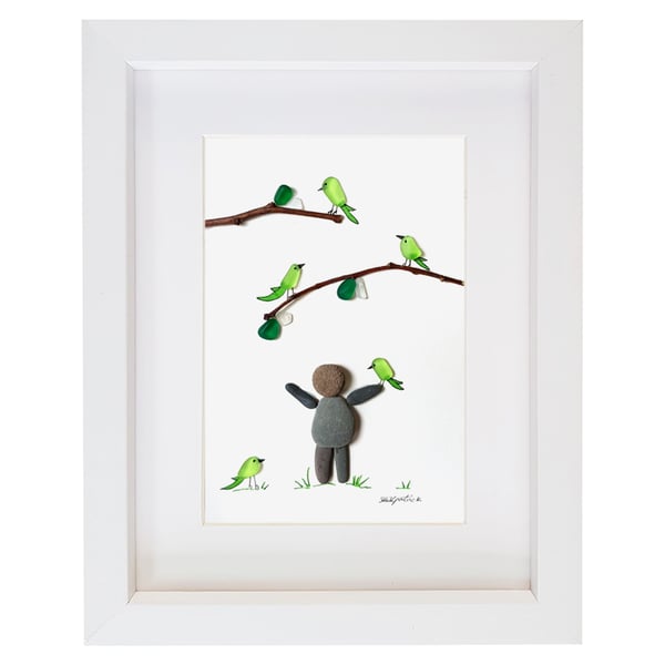 Green Parakeets - Sea Glass & Pebble Picture - Framed Unique Handmade Art