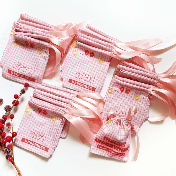 Retro pink and red handmade 'Merry Christmas' Advent Calendar Pouches