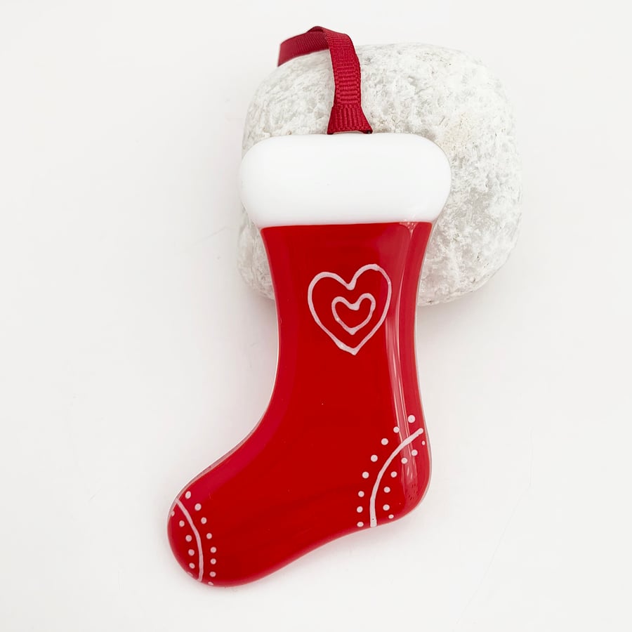 Fused Glass Christmas Stocking Hanging Decoration (Red)