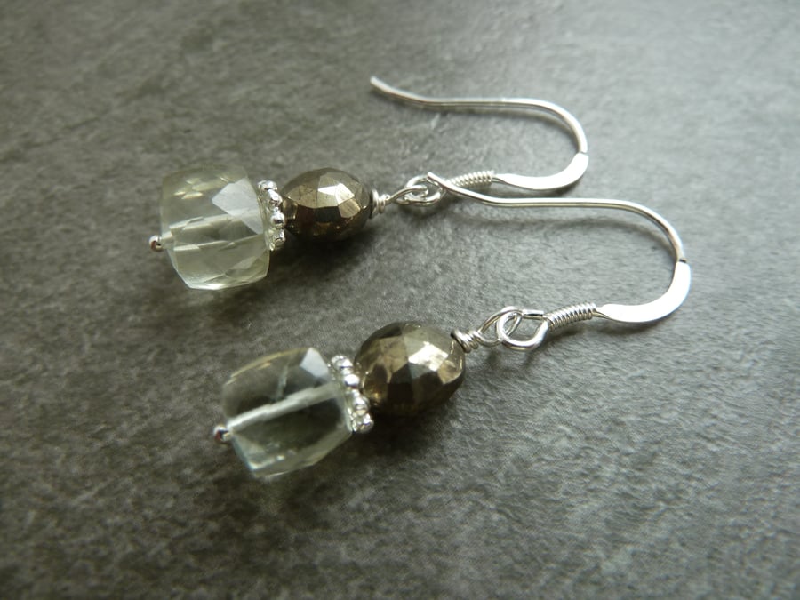sterling silver earrings, green amethyst and pyrite gemstones