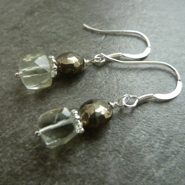 sterling silver earrings, green amethyst and pyrite gemstones