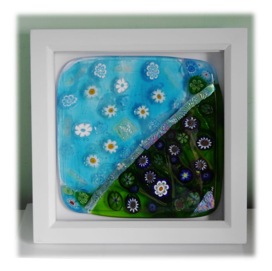 Fused Glass Millefiori Flower Picture Box Framed Dichroic