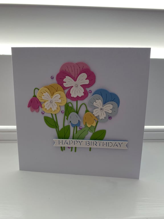 Handmade Die Cut Pansy Bouquet Birthday Card