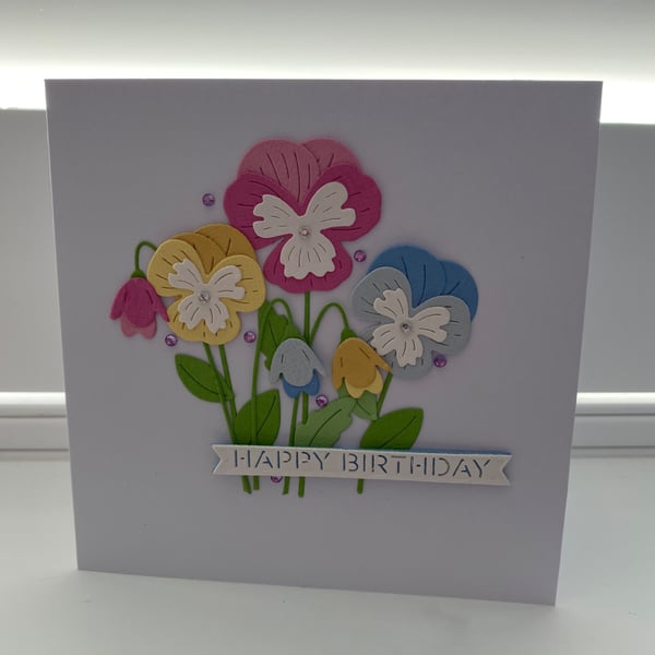 Handmade Die Cut Pansy Bouquet Birthday Card