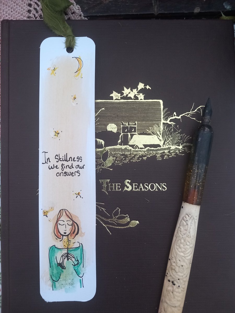  ' stillness 'Hand drawn and painted bookmark with silk ribbon '