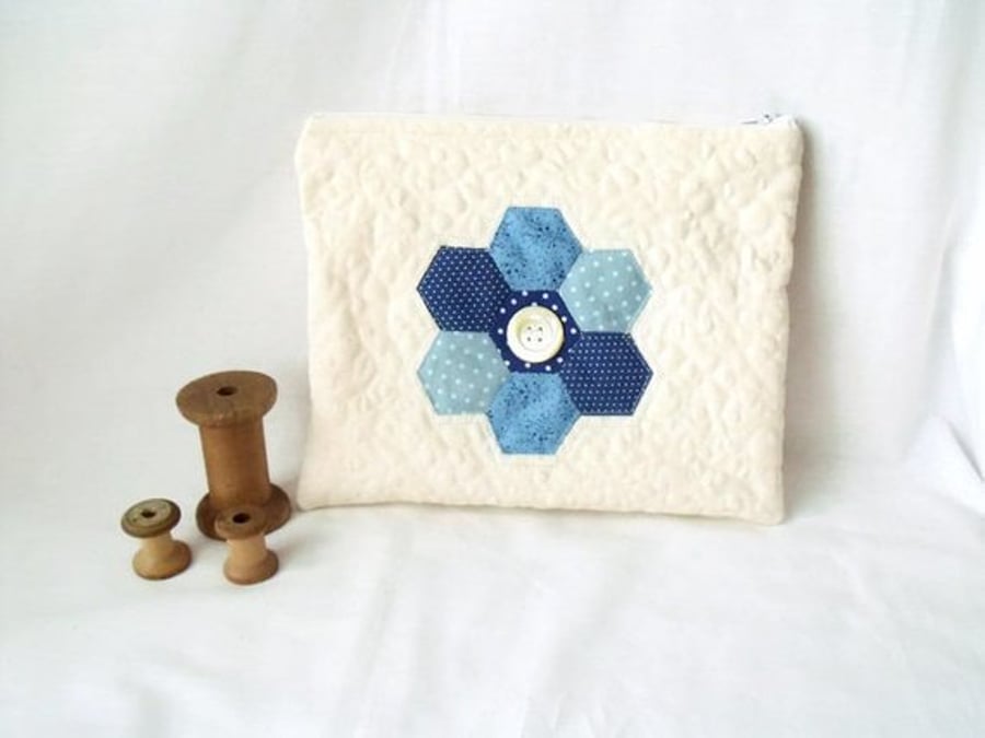 cream patchwork zipped make up pouch, pencil case or crochet hook case