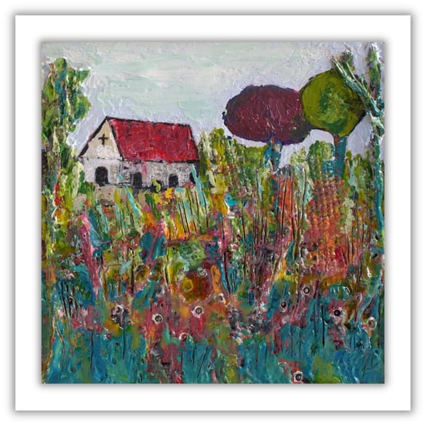 Framed Scottish landscape painting - old church - encaustic - mixed media