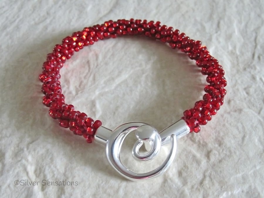 Handmade Glowing Ruby Red Woven Kumihimo Seed Bead Bracelet