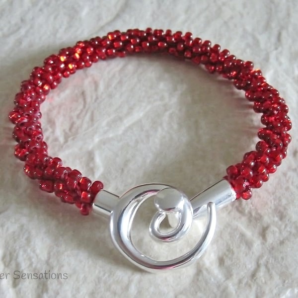 Handmade Glowing Ruby Red Woven Kumihimo Seed Bead Bracelet