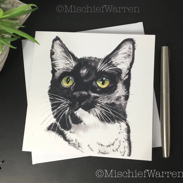 Black and white Cat card. Watercolour art card. Blank for any occasion.